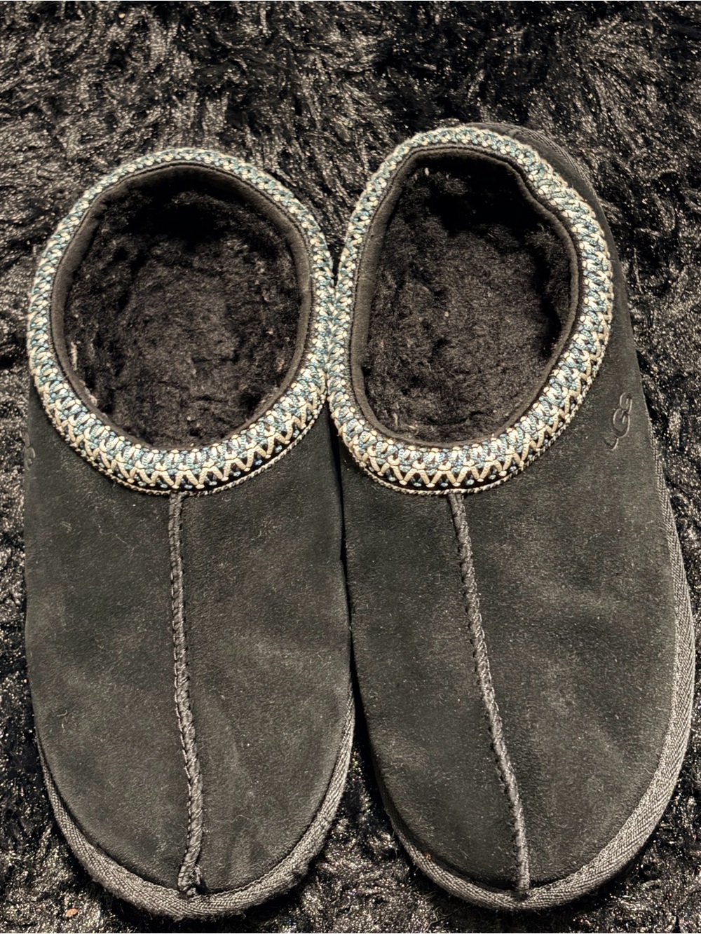 UGG Black Suede Cozy Slip-On Slippers with Braided Trim